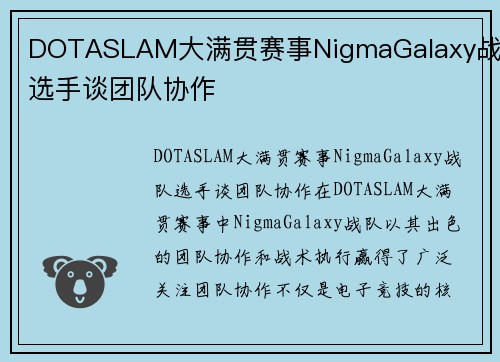 DOTASLAM大满贯赛事NigmaGalaxy战队选手谈团队协作
