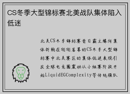 CS冬季大型锦标赛北美战队集体陷入低迷
